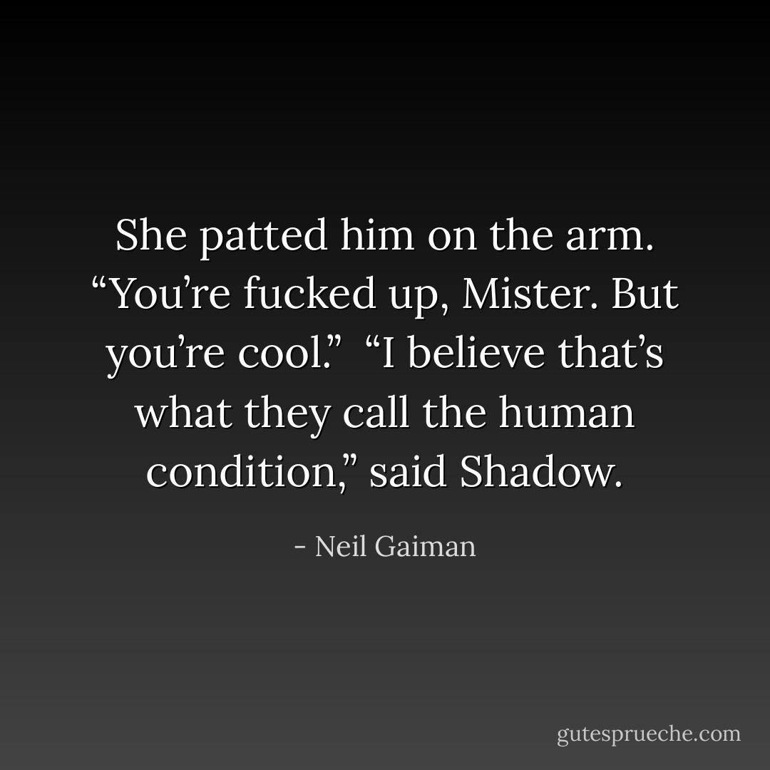 She patted him on the arm. “You’re fucked up, Mister. But you’re cool.” <br />“I believe that’s what they call the human condition,” said Shadow. - Neil Gaiman