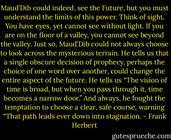 Maud’Dib could indeed, see the Future, but you must understand the limits of this power. Think of sight. You have eyes, yet cannot see without light. If you are on the floor of a valley, you cannot see beyond the valley. Just so, Maud’Dib could not always choose to look across the mysterious terrain. He tells us that a single obscure decision of prophecy, perhaps the choice of one word over another, could change the entire aspect of the future. He tells us “The vision of time is broad, but when you pass through it, time becomes a narrow door.” And always, he fought the temptation to choose a clear, safe course, warning “That path leads ever down into stagnation. - Frank Herbert