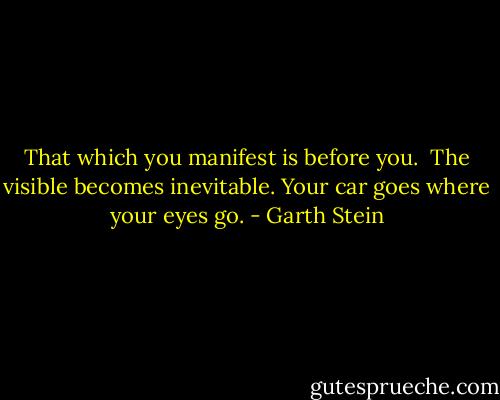 That which you manifest is before you.<br /><br />The visible becomes inevitable. Your car goes where your eyes go. - Garth Stein