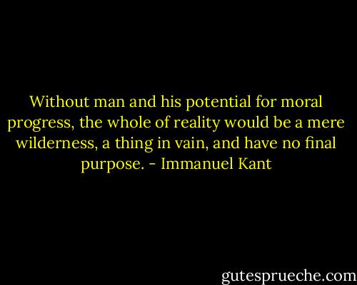 Without man and his potential for moral progress, the whole of reality would be a mere wilderness, a thing in vain, and have no final purpose. - Immanuel Kant