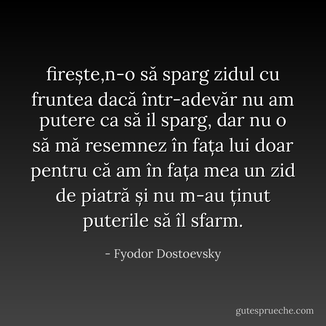 firește,n-o să sparg zidul cu fruntea dacă într-adevăr nu am putere ca să il sparg, dar nu o să mă resemnez în fața lui doar pentru că am în fața mea un zid de piatră și nu m-au ținut puterile să îl sfarm. - Fyodor Dostoevsky