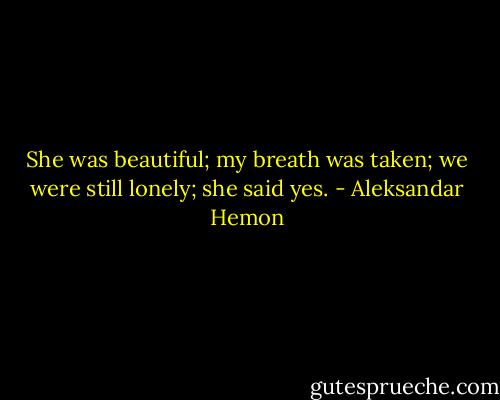 She was beautiful; my breath was taken; we were still lonely; she said yes. - Aleksandar Hemon
