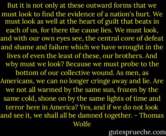 But it is not only at these outward forms that we must look to find the evidence of a nation's hurt. We must look as well at the heart of guilt that beats in each of us, for there the cause lies. We must look, and with our own eyes see, the central core of defeat and shame and failure which we have wrought in the lives of even the least of these, our brothers. And why must we look? Because we must probe to the bottom of our collective wound. As men, as Americans, we can no longer cringe away and lie. Are we not all warmed by the same sun, frozen by the same cold, shone on by the same lights of time and terror here in America? Yes, and if we do not look and see it, we shall all be damned together. - Thomas Wolfe