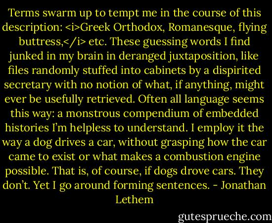 Terms swarm up to tempt me in the course of this description: <i>Greek Orthodox, Romanesque, flying buttress,</i> etc. These guessing words I find junked in my brain in deranged juxtaposition, like files randomly stuffed into cabinets by a dispirited secretary with no notion of what, if anything, might ever be usefully retrieved. Often all language seems this way: a monstrous compendium of embedded histories I’m helpless to understand. I employ it the way a dog drives a car, without grasping how the car came to exist or what makes a combustion engine possible. That is, of course, if dogs drove cars. They don’t. Yet I go around forming sentences. - Jonathan Lethem