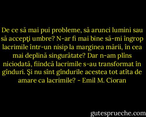 De ce să mai pui probleme, să arunci lumini sau să accepţi umbre? N-ar fi mai bine să-mi îngrop lacrimile într-un nisip la marginea mării, în cea mai deplină singurătate? Dar n-am plîns niciodată, fiindcă lacrimile s-au transformat în gînduri. Şi nu sînt gîndurile acestea tot atîta de amare ca lacrimile? - Emil M. Cioran