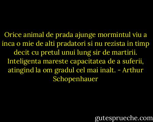 Orice animal de prada ajunge mormintul viu a inca o mie de alti pradatori si nu rezista in timp decit cu pretul unui lung sir de martirii. Inteligenta mareste capacitatea de a suferii, atingind la om gradul cel mai inalt. - Arthur Schopenhauer