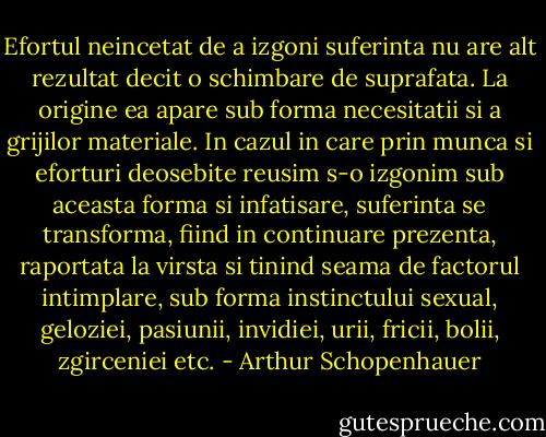 Efortul neincetat de a izgoni suferinta nu are alt rezultat decit o schimbare de suprafata. La origine ea apare sub forma necesitatii si a grijilor materiale. In cazul in care prin munca si eforturi deosebite reusim s-o izgonim sub aceasta forma si infatisare, suferinta se transforma, fiind in continuare prezenta, raportata la virsta si tinind seama de factorul intimplare, sub forma instinctului sexual, geloziei, pasiunii, invidiei, urii, fricii, bolii, zgirceniei etc. - Arthur Schopenhauer