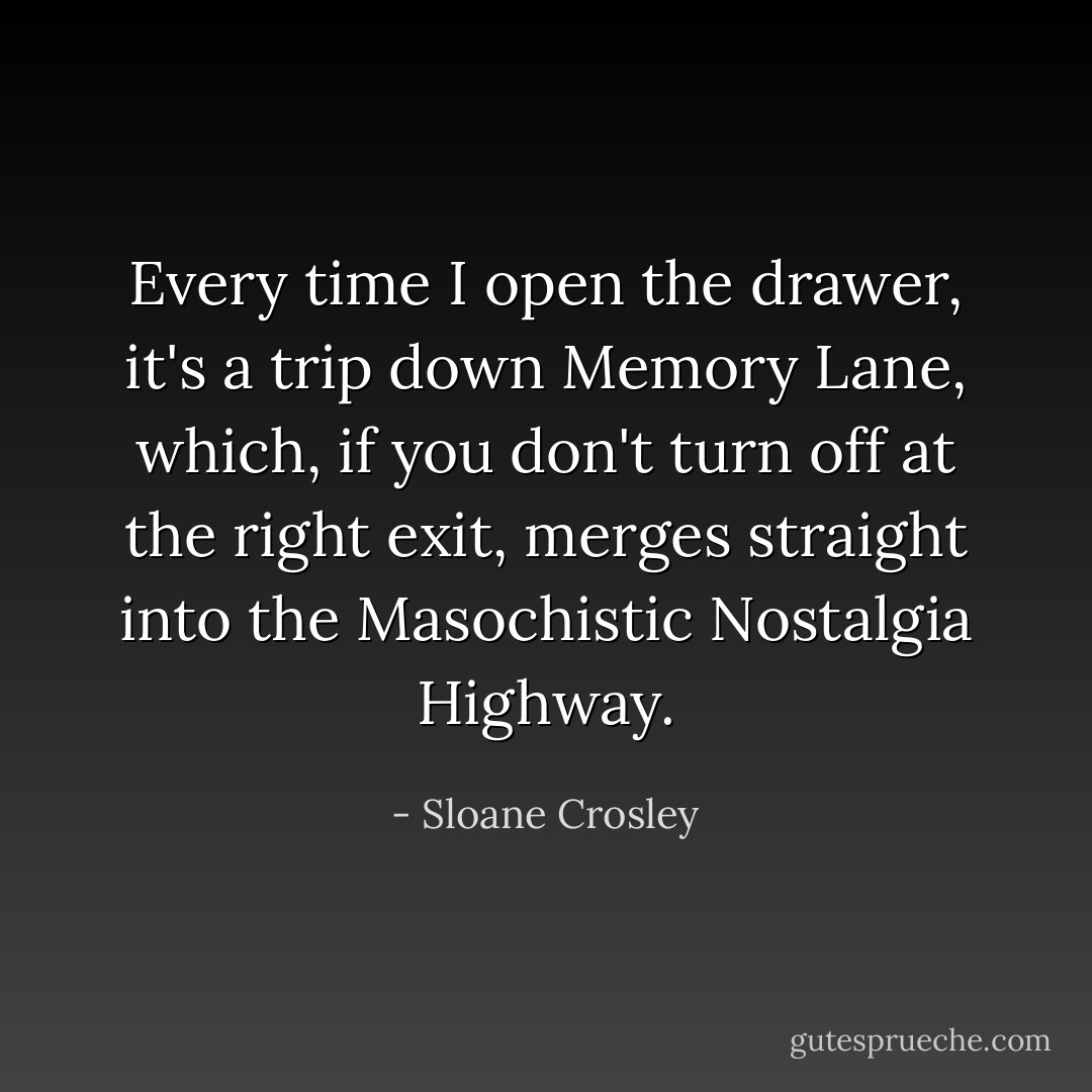 Every time I open the drawer, it's a trip down Memory Lane, which, if you don't turn off at the right exit, merges straight into the Masochistic Nostalgia Highway. - Sloane Crosley