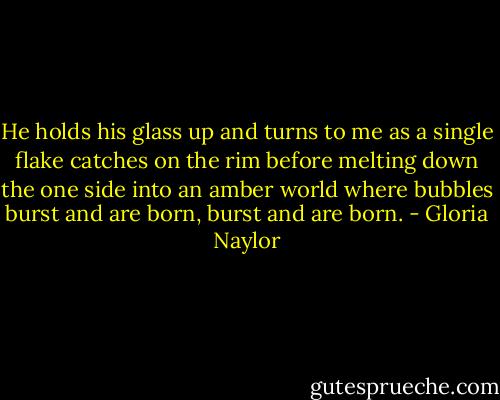 He holds his glass up and turns to me as a single flake catches on the rim before melting down the one side into an amber world where bubbles burst and are born, burst and are born. - Gloria Naylor