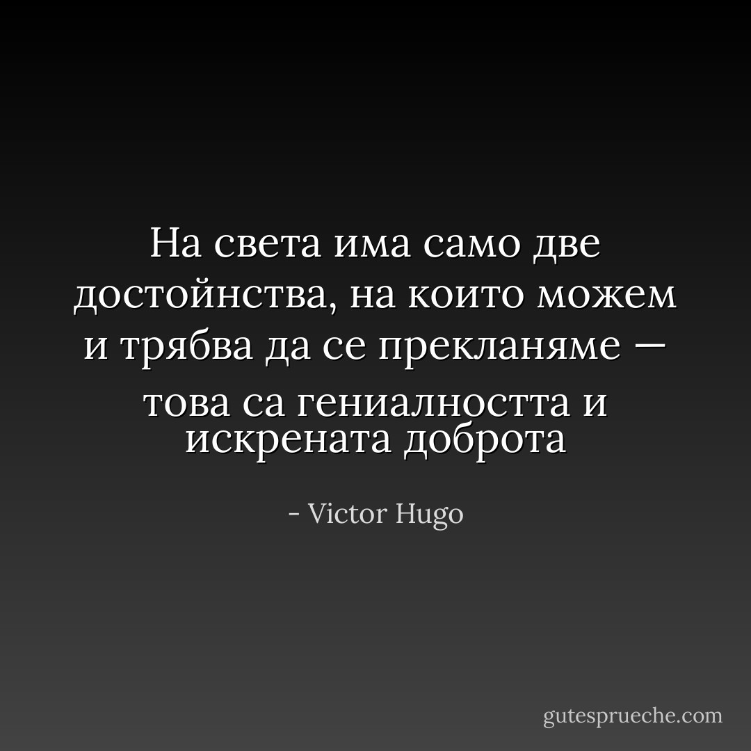 На света има само две достойнства, на които можем и трябва да се прекланяме — това са гениалността и искрената доброта - Victor Hugo