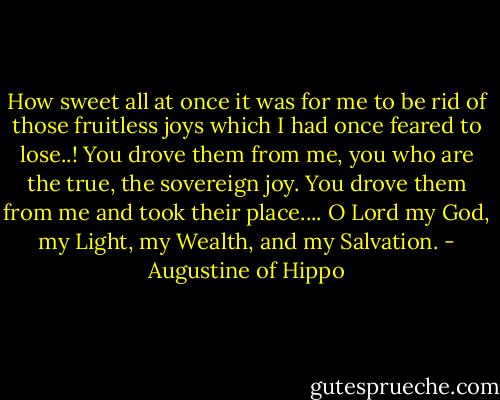 How sweet all at once it was for me to be rid of those fruitless joys which I had once feared to lose..! You drove them from me, you who are the true, the sovereign joy. You drove them from me and took their place.... O Lord my God, my Light, my Wealth, and my Salvation. - Augustine of Hippo