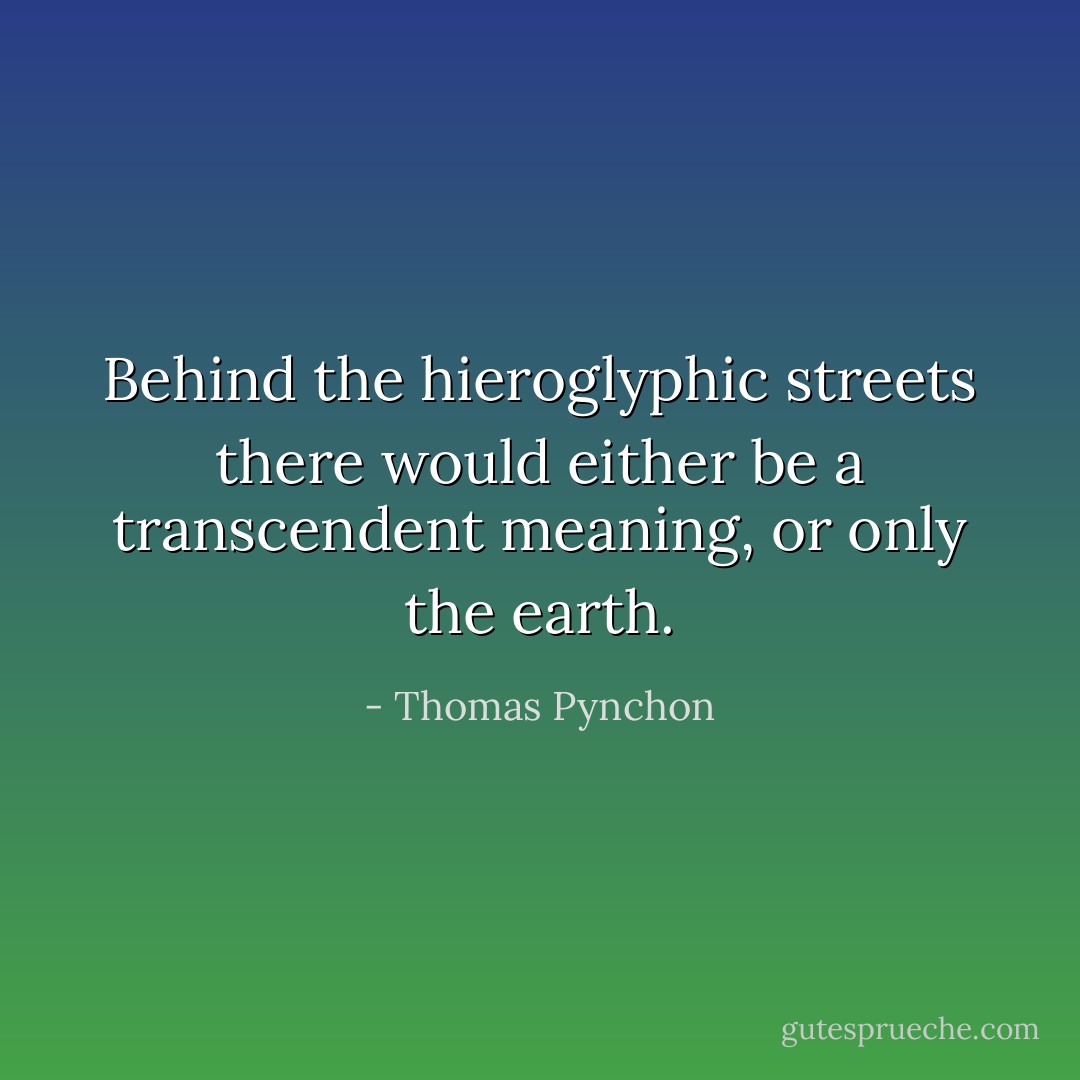 Behind the hieroglyphic streets there would either be a transcendent meaning, or only the earth. - Thomas Pynchon