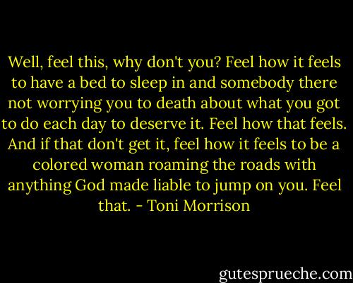 Well, feel this, why don't you? Feel how it feels to have a bed to sleep in and somebody there not worrying you to death about what you got to do each day to deserve it. Feel how that feels. And if that don't get it, feel how it feels to be a colored woman roaming the roads with anything God made liable to jump on you. Feel that. - Toni Morrison