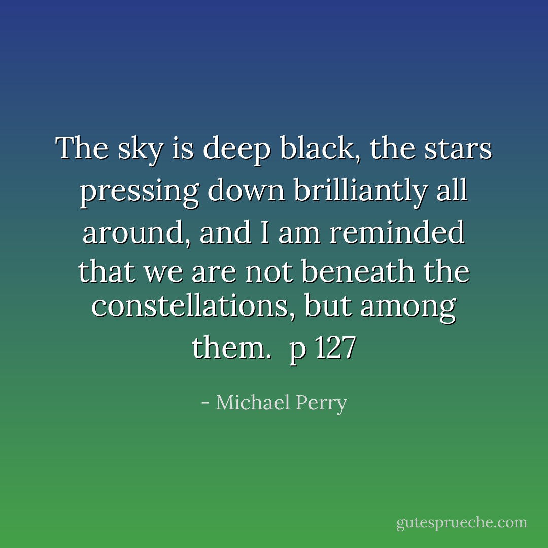 The sky is deep black, the stars pressing down brilliantly all around, and I am reminded that we are not beneath the constellations, but among them.<br /><br />p 127 - Michael Perry