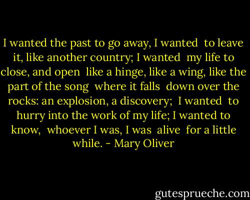 I wanted the past to go away, I wanted<br /> to leave it, like another country; I wanted<br /> my life to close, and open<br /> like a hinge, like a wing, like the part of the song<br /> where it falls<br /> down over the rocks: an explosion, a discovery;<br /> I wanted<br /> to hurry into the work of my life; I wanted to know,<br /><br />whoever I was, I was<br /><br />alive<br /> for a little while. - Mary Oliver