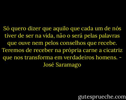 Só quero dizer que aquilo que cada um de nós tiver de ser na vida, não o será pelas palavras que ouve nem pelos conselhos que recebe. Teremos de receber na própria carne a cicatriz que nos transforma em verdadeiros homens. - José Saramago