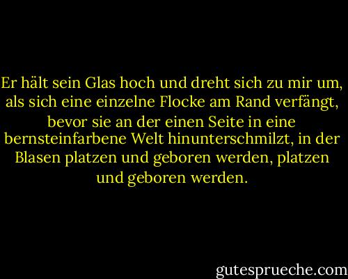 Er hält sein Glas hoch und dreht sich zu mir um, als sich eine einzelne Flocke am Rand verfängt, bevor sie an der einen Seite in eine bernsteinfarbene Welt hinunterschmilzt, in der Blasen platzen und geboren werden, platzen und geboren werden. - Gloria Naylor<