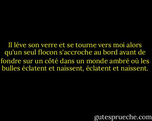 Il lève son verre et se tourne vers moi alors qu'un seul flocon s'accroche au bord avant de fondre sur un côté dans un monde ambré où les bulles éclatent et naissent, éclatent et naissent. - Gloria Naylor