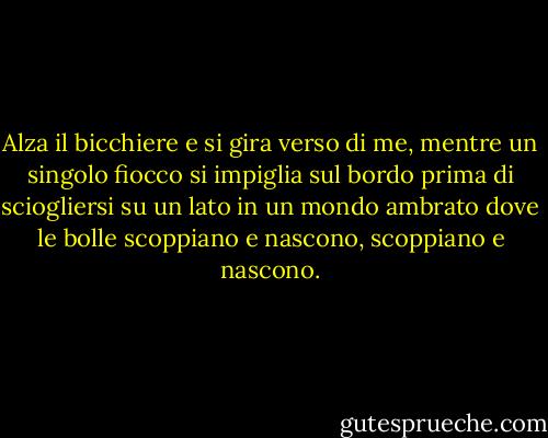 Alza il bicchiere e si gira verso di me, mentre un singolo fiocco si impiglia sul bordo prima di sciogliersi su un lato in un mondo ambrato dove le bolle scoppiano e nascono, scoppiano e nascono. - Gloria Naylor
