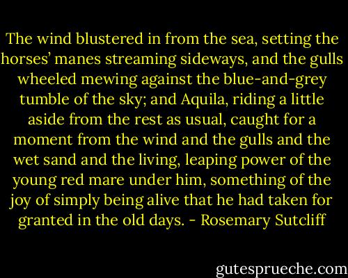 The wind blustered in from the sea, setting the horses’ manes streaming sideways, and the gulls wheeled mewing against the blue-and-grey tumble of the sky; and Aquila, riding a little aside from the rest as usual, caught for a moment from the wind and the gulls and the wet sand and the living, leaping power of the young red mare under him, something of the joy of simply being alive that he had taken for granted in the old days. - Rosemary Sutcliff