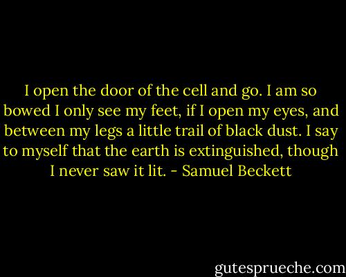 I open the door of the cell and go. I am so bowed I only see my feet, if I open my eyes, and between my legs a little trail of black dust. I say to myself that the earth is extinguished, though I never saw it lit. - Samuel Beckett