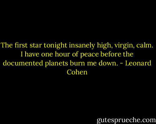 The first star tonight insanely high, virgin, calm.<br />I have one hour of peace before the documented planets burn me down. - Leonard Cohen