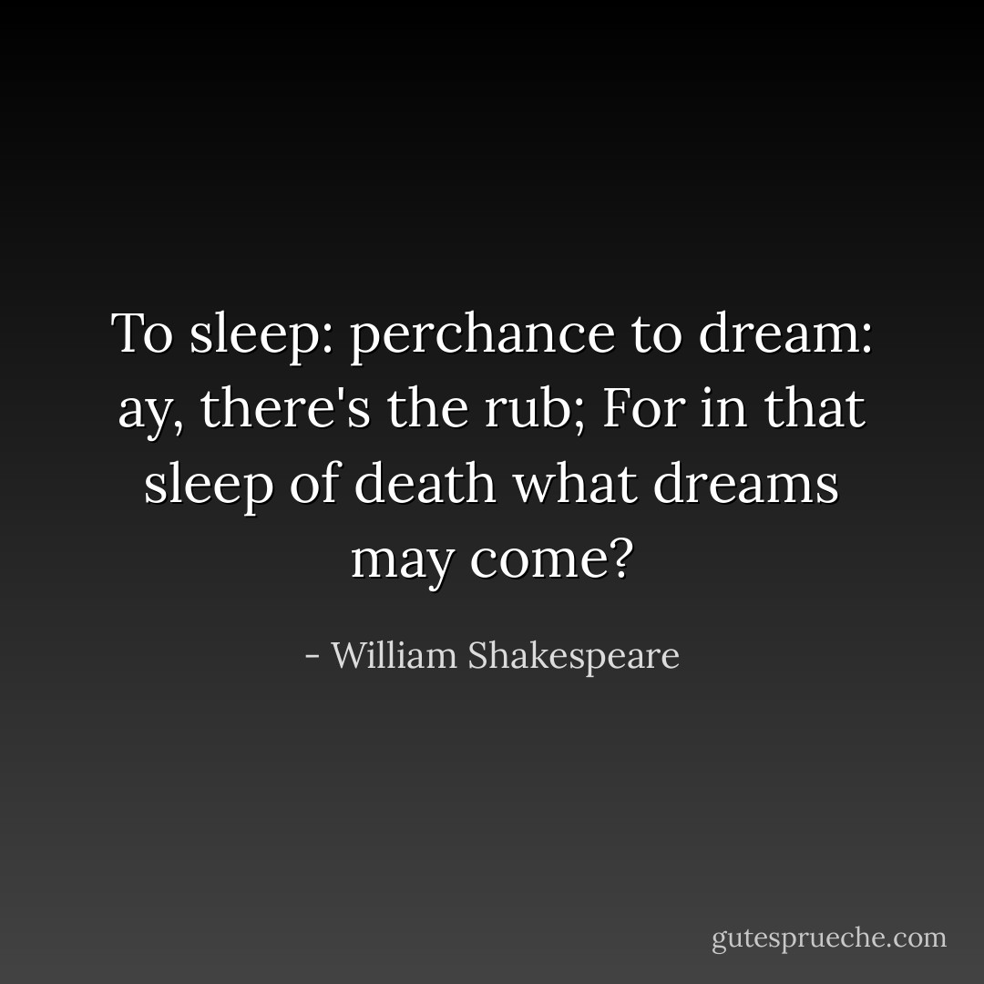 To sleep: perchance to dream: ay, there's the rub;<br />For in that sleep of death what dreams may come? - William Shakespeare