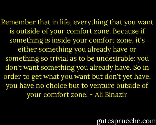 Remember that in life, everything that you want is outside of your comfort zone. Because if something is inside your comfort zone, it's either something you already have or something so trivial as to be undesirable: you don't want something you already have. So in order to get what you want but don't yet have, you have no choice but to venture outside of your comfort zone. - Ali Binazir