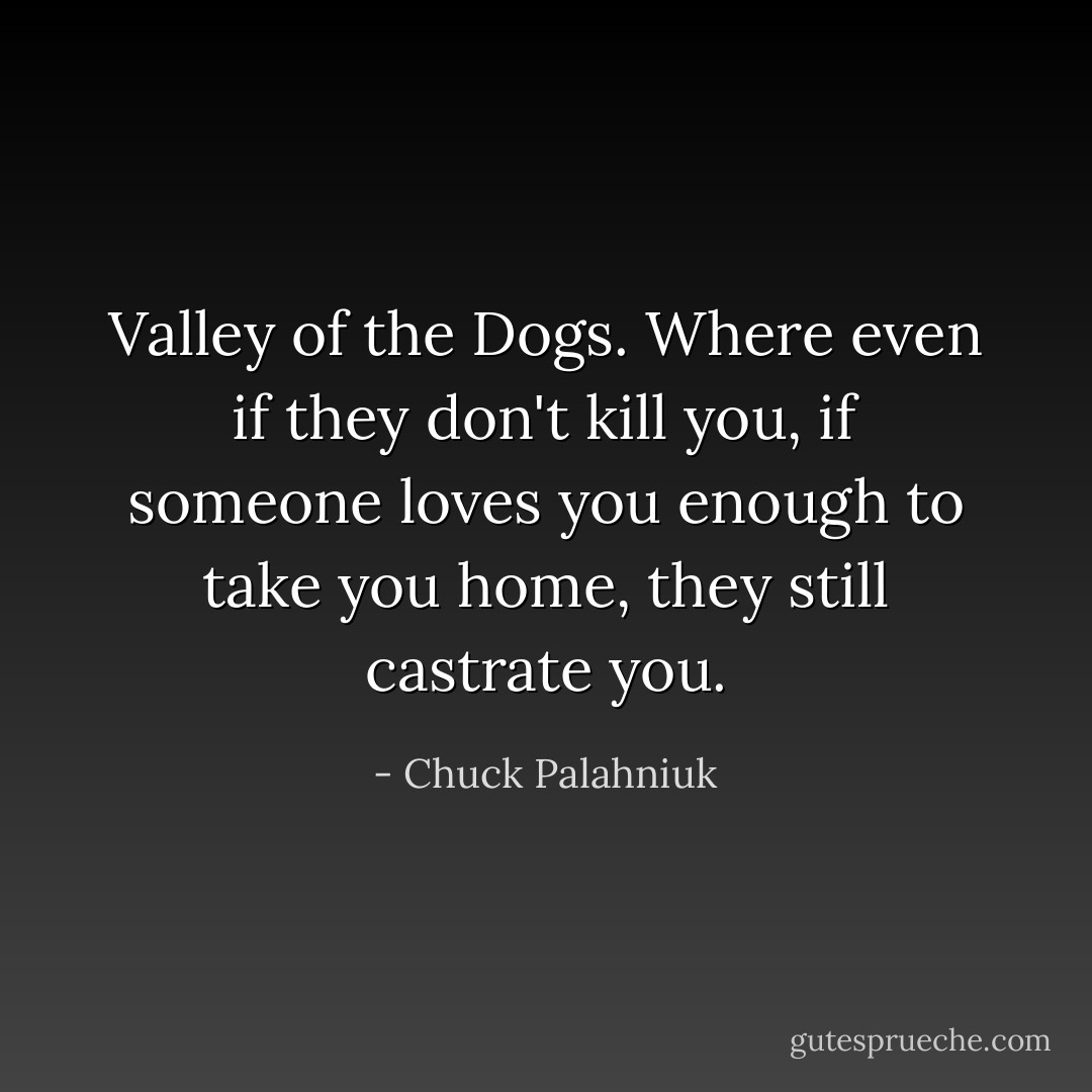 Valley of the Dogs. Where even if they don't kill you, if someone loves you enough to take you home, they still castrate you. - Chuck Palahniuk