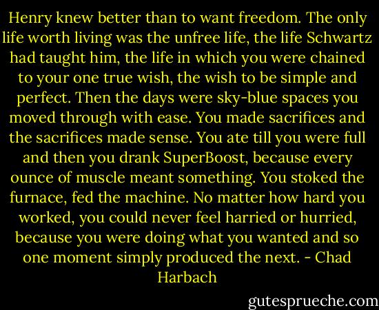 Henry knew better than to want freedom. The only life worth living was the unfree life, the life Schwartz had taught him, the life in which you were chained to your one true wish, the wish to be simple and perfect. Then the days were sky-blue spaces you moved through with ease. You made sacrifices and the sacrifices made sense. You ate till you were full and then you drank SuperBoost, because every ounce of muscle meant something. You stoked the furnace, fed the machine. No matter how hard you worked, you could never feel harried or hurried, because you were doing what you wanted and so one moment simply produced the next. - Chad Harbach