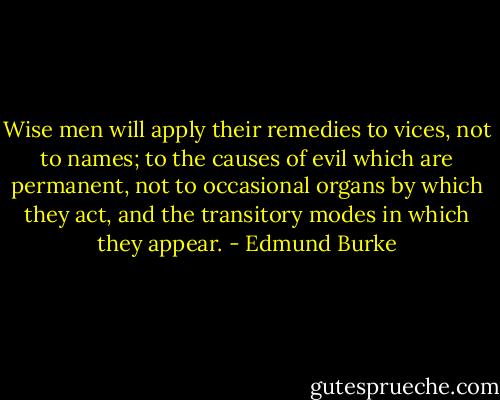 Wise men will apply their remedies to vices, not to names; to the causes of evil which are permanent, not to occasional organs by which they act, and the transitory modes in which they appear. - Edmund Burke