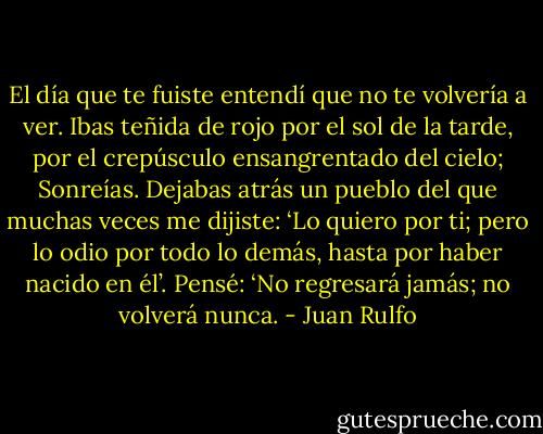 El día que te fuiste entendí que no te volvería a ver. Ibas teñida de rojo por el sol de la tarde, por el crepúsculo ensangrentado del cielo; Sonreías. Dejabas atrás un pueblo del que muchas veces me dijiste: ‘Lo quiero por ti; pero lo odio por todo lo demás, hasta por haber nacido en él’. Pensé: ‘No regresará jamás; no volverá nunca. - Juan Rulfo