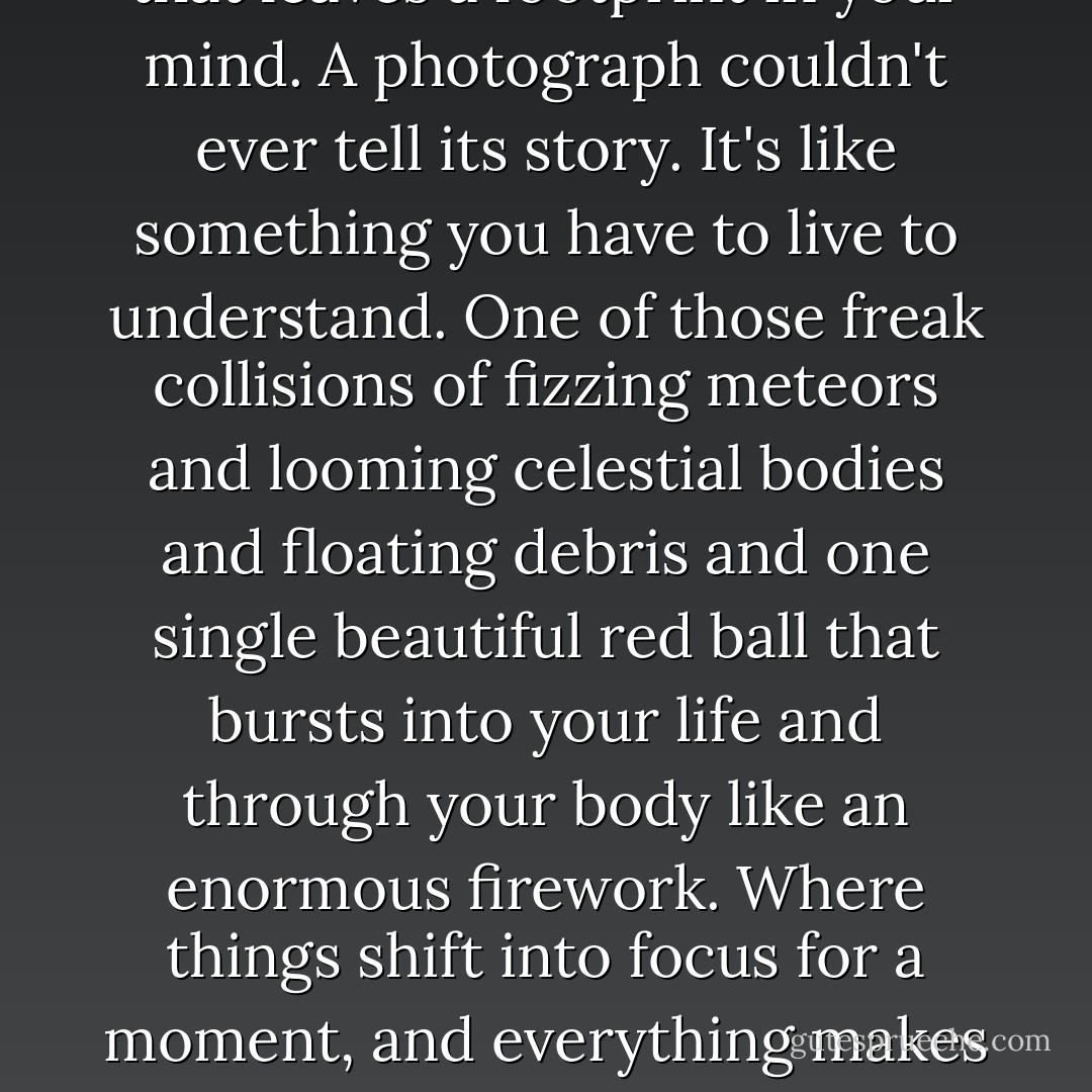 What I'm feeling, I think, is joy. And it's been some time since I've felt that blinkered rush of happiness, This might be one of those rare events that lasts, one that'll be remembered and recalled as months and years wind and ravel. One of those sweet, significant moments that leaves a footprint in your mind. A photograph couldn't ever tell its story. It's like something you have to live to understand. One of those freak collisions of fizzing meteors and looming celestial bodies and floating debris and one single beautiful red ball that bursts into your life and through your body like an enormous firework. Where things shift into focus for a moment, and everything makes sense. And it becomes one of those things inside you, a pearl among sludge, one of those big exaggerated memories you can invoke at any moment to peel away a little layer of how you felt, like a lick of ice cream. The flavor of grace. - Craig Silvey