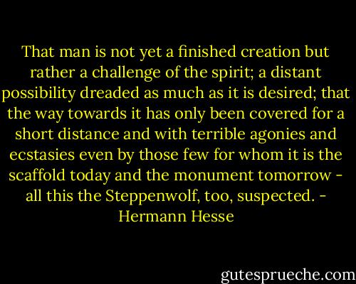 That man is not yet a finished creation but rather a challenge of the spirit; a distant possibility dreaded as much as it is desired; that the way towards it has only been covered for a short distance and with terrible agonies and ecstasies even by those few for whom it is the scaffold today and the monument tomorrow - all this the Steppenwolf, too, suspected. - Hermann Hesse