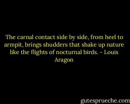 The carnal contact side by side, from heel to armpit, brings shudders that shake up nature like the flights of nocturnal birds. - Louis Aragon