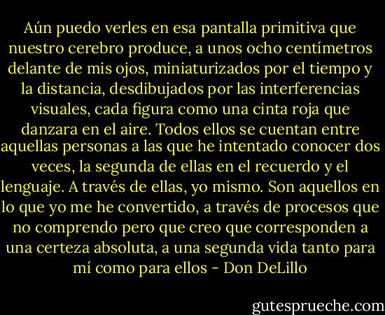 Aún puedo verles en esa pantalla primitiva que nuestro cerebro produce, a unos ocho centímetros delante de mis ojos, miniaturizados por el tiempo y la distancia, desdibujados por las interferencias visuales, cada figura como una cinta roja que danzara en el aire. Todos ellos se cuentan entre aquellas personas a las que he intentado conocer dos veces, la segunda de ellas en el recuerdo y el lenguaje. A través de ellas, yo mismo. Son aquellos en lo que yo me he convertido, a través de procesos que no comprendo pero que creo que corresponden a una certeza absoluta, a una segunda vida tanto para mí como para ellos - Don DeLillo