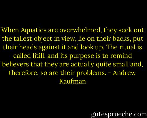 When Aquatics are overwhelmed, they seek out the tallest object in view, lie on their backs, put their heads against it and look up. The ritual is called litill, and its purpose is to remind believers that they are actually quite small and, therefore, so are their problems. - Andrew Kaufman