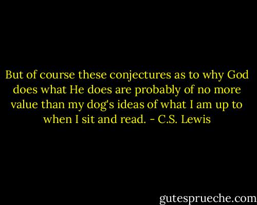 But of course these conjectures as to why God does what He does are probably of no more value than my dog's ideas of what I am up to when I sit and read. - C.S. Lewis