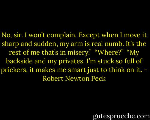 No, sir. I won’t complain. Except when I move it sharp and sudden, my arm is real numb. It’s the rest of me that’s in misery.”<br /> “Where?”<br /> “My backside and my privates. I’m stuck so full of prickers, it makes me smart just to think on it. - Robert Newton Peck