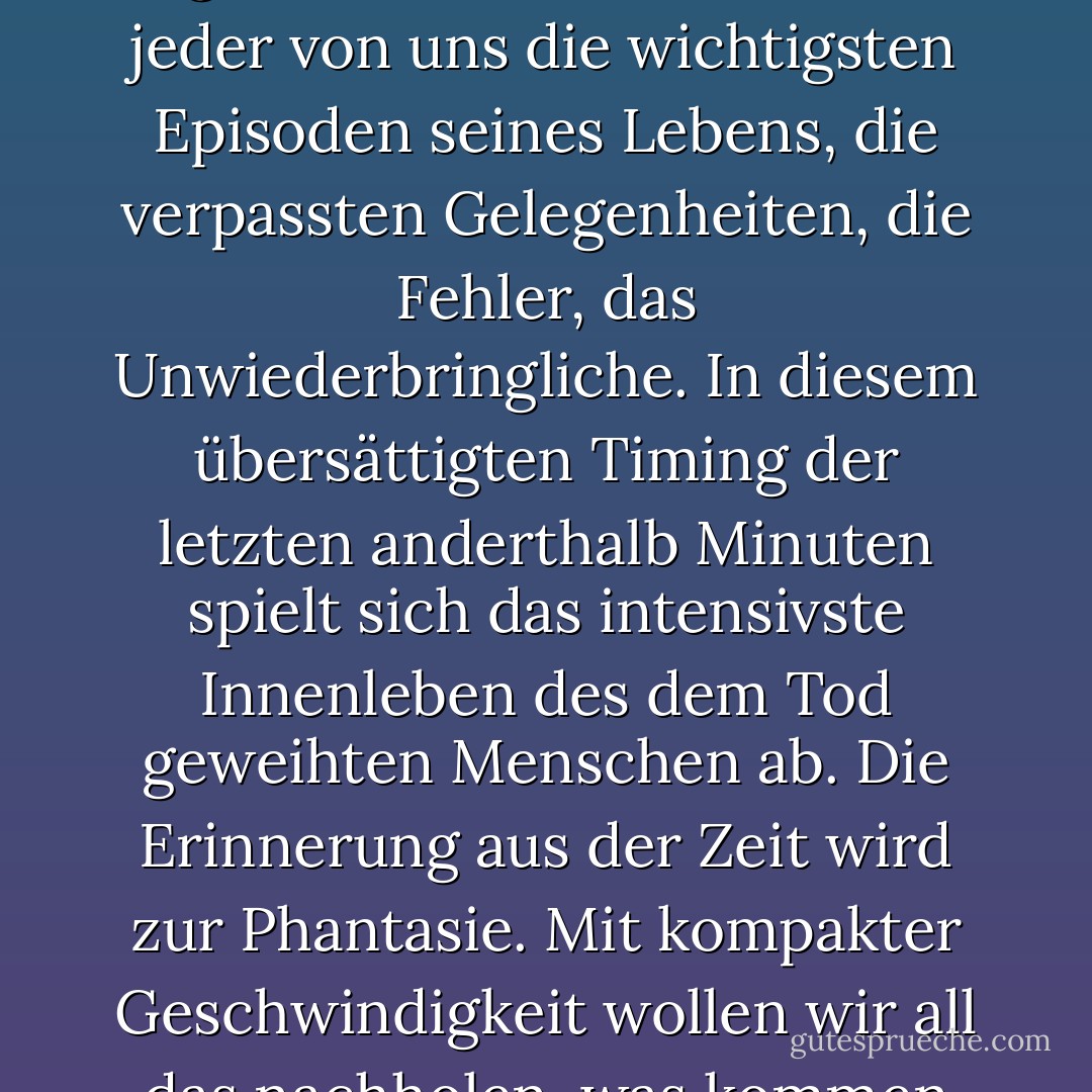 In den kurzen und unendlich langen Momenten, in denen wir verzweifelt nach Atem ringen, durchlebt und bewertet jeder von uns die wichtigsten Episoden seines Lebens, die verpassten Gelegenheiten, die Fehler, das Unwiederbringliche.<br />In diesem übersättigten Timing der letzten anderthalb Minuten spielt sich das intensivste Innenleben des dem Tod geweihten Menschen ab.<br />Die Erinnerung aus der Zeit wird zur Phantasie.<br />Mit kompakter Geschwindigkeit wollen wir all das nachholen, was kommen wird und uns genommen wurde. - Blaga Dimitrova<