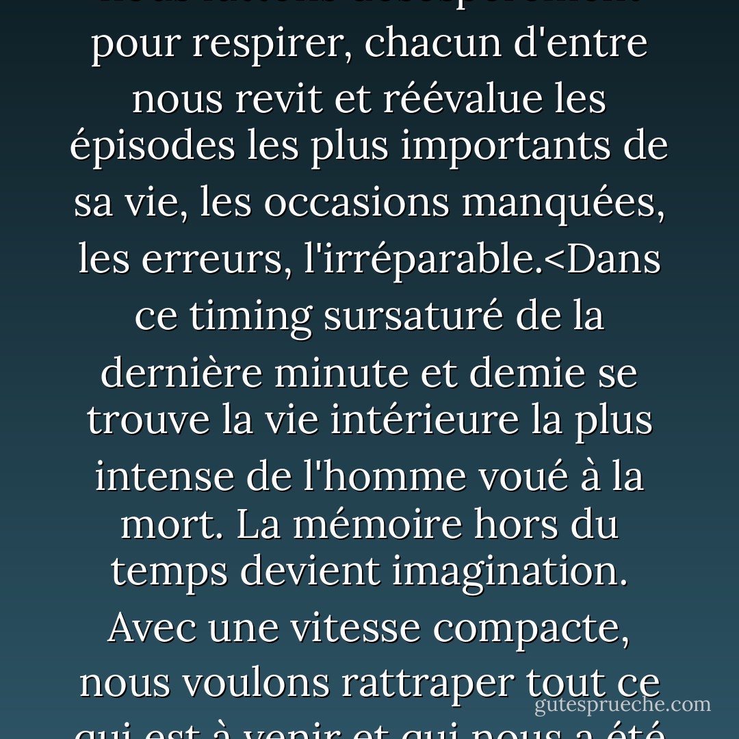 Dans les moments brefs et interminablement longs où nous luttons désespérément pour respirer, chacun d'entre nous revit et réévalue les épisodes les plus importants de sa vie, les occasions manquées, les erreurs, l'irréparable.<Dans ce timing sursaturé de la dernière minute et demie se trouve la vie intérieure la plus intense de l'homme voué à la mort.<br />La mémoire hors du temps devient imagination.<br />Avec une vitesse compacte, nous voulons rattraper tout ce qui est à venir et qui nous a été enlevé. - Blaga Dimitrova