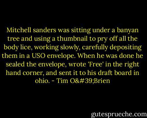 Mitchell sanders was sitting under a banyan tree and using a thumbnail to pry off all the body lice, working slowly, carefully depositing them in a USO envelope. When he was done he sealed the envelope, wrote 'Free' in the right hand corner, and sent it to his draft board in ohio. - Tim O'Brien