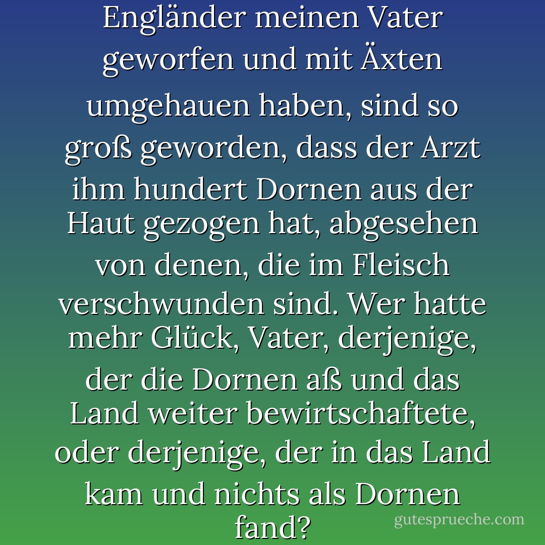Die Kaktusbäume, in die die Engländer meinen Vater geworfen und mit Äxten umgehauen haben, sind so groß geworden, dass der Arzt ihm hundert Dornen aus der Haut gezogen hat, abgesehen von denen, die im Fleisch verschwunden sind. Wer hatte mehr Glück, Vater, derjenige, der die Dornen aß und das Land weiter bewirtschaftete, oder derjenige, der in das Land kam und nichts als Dornen fand? - Mahmoud Darwish<
