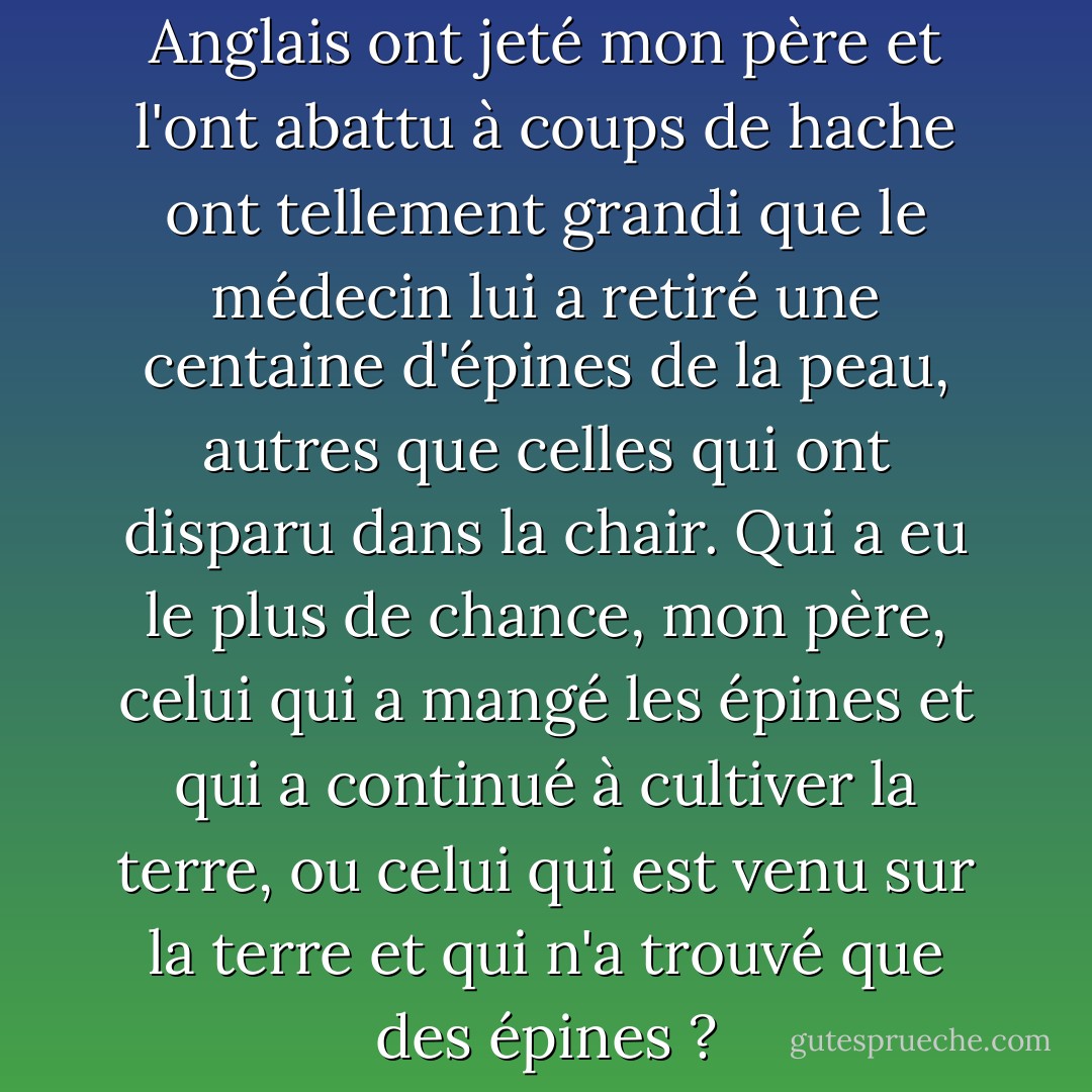 Les cactus dans lesquels les Anglais ont jeté mon père et l'ont abattu à coups de hache ont tellement grandi que le médecin lui a retiré une centaine d'épines de la peau, autres que celles qui ont disparu dans la chair. Qui a eu le plus de chance, mon père, celui qui a mangé les épines et qui a continué à cultiver la terre, ou celui qui est venu sur la terre et qui n'a trouvé que des épines ? - Mahmoud Darwish