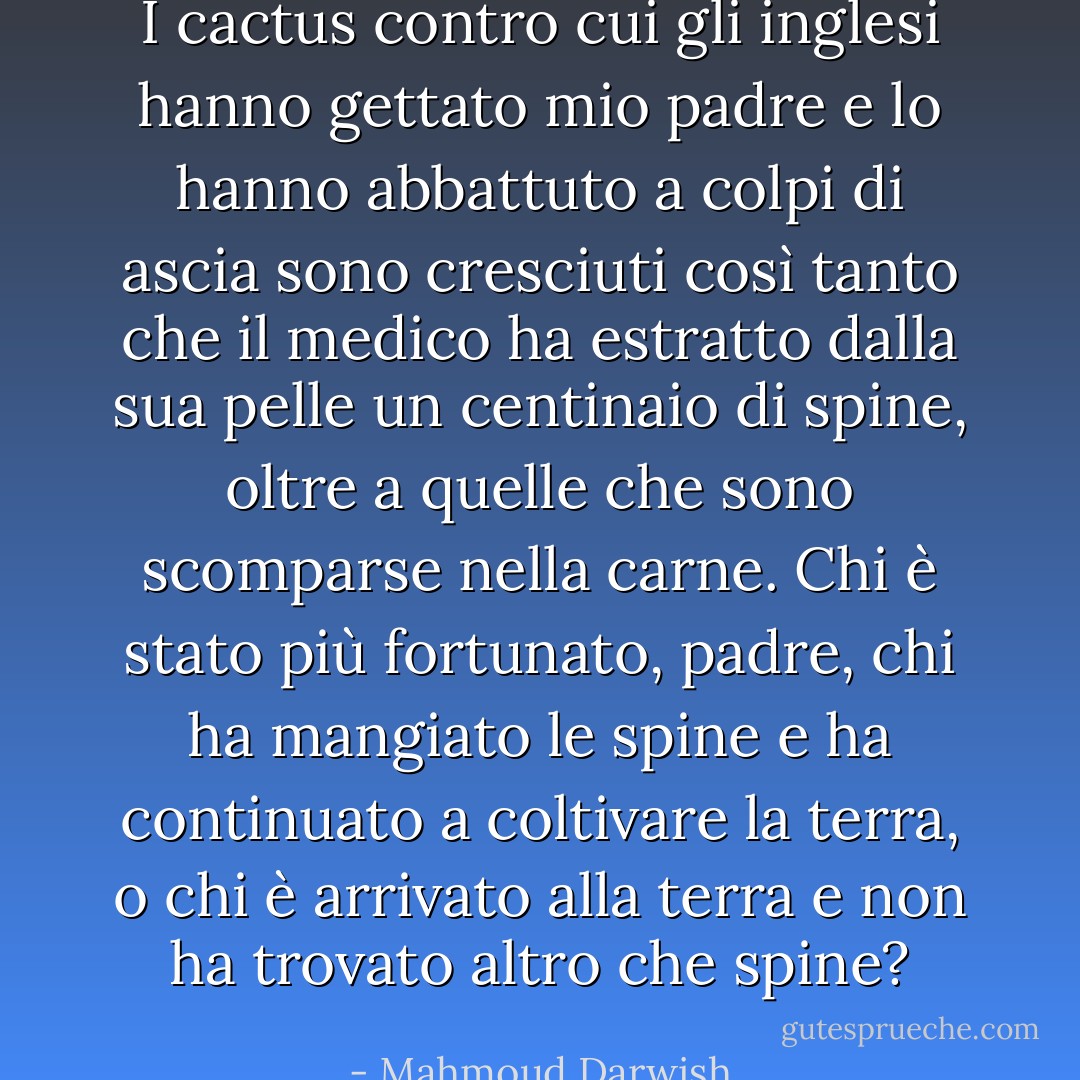 I cactus contro cui gli inglesi hanno gettato mio padre e lo hanno abbattuto a colpi di ascia sono cresciuti così tanto che il medico ha estratto dalla sua pelle un centinaio di spine, oltre a quelle che sono scomparse nella carne. Chi è stato più fortunato, padre, chi ha mangiato le spine e ha continuato a coltivare la terra, o chi è arrivato alla terra e non ha trovato altro che spine? - Mahmoud Darwish