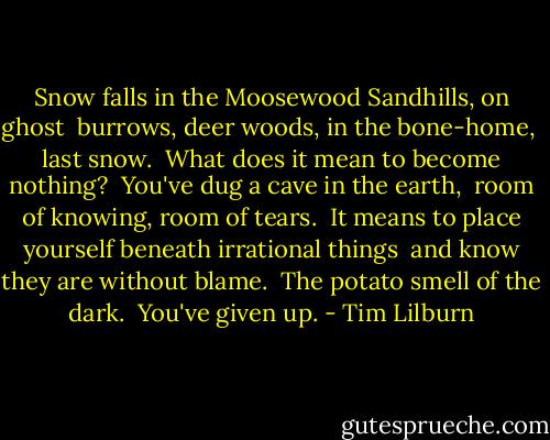 Snow falls in the Moosewood Sandhills, on ghost<br /> burrows, deer woods, in the bone-home,<br /> last snow.<br /> What does it mean to become nothing?<br /> You've dug a cave in the earth,<br /> room of knowing, room of tears.<br /> It means to place yourself beneath irrational things<br /> and know they are without blame.<br /> The potato smell of the dark.<br /> You've given up. - Tim Lilburn