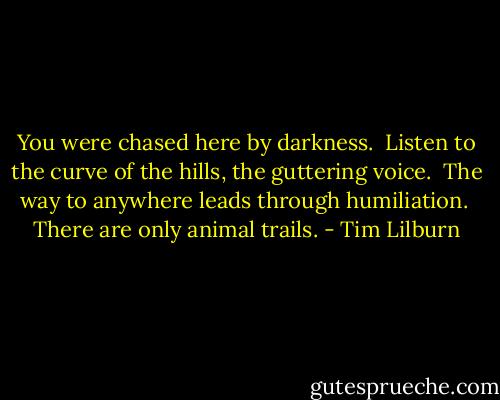You were chased here by darkness.<br /> Listen to the curve of the hills, the guttering voice.<br /> The way to anywhere leads through humiliation.<br /> There are only animal trails. - Tim Lilburn