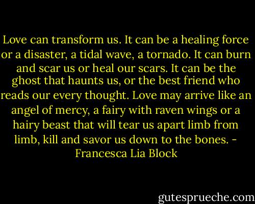 Love can transform us. It can be a healing force or a disaster, a tidal wave, a tornado. It can burn and scar us or heal our scars. It can be the ghost that haunts us, or the best friend who reads our every thought. Love may arrive like an angel of mercy, a fairy with raven wings or a hairy beast that will tear us apart limb from limb, kill and savor us down to the bones. - Francesca Lia Block