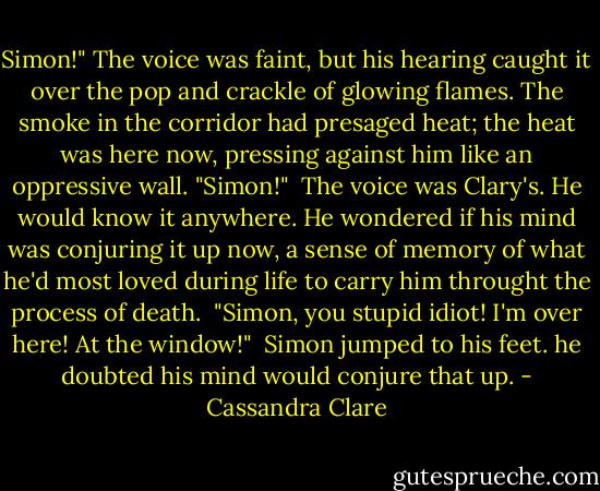 Simon!" The voice was faint, but his hearing caught it over the pop and crackle of glowing flames. The smoke in the corridor had presaged heat; the heat was here now, pressing against him like an oppressive wall. "Simon!"<br /> The voice was Clary's. He would know it anywhere. He wondered if his mind was conjuring it up now, a sense of memory of what he'd most loved during life to carry him throught the process of death.<br /> "Simon, you stupid idiot! I'm over here! At the window!"<br /> Simon jumped to his feet. he doubted his mind would conjure that up. - Cassandra Clare