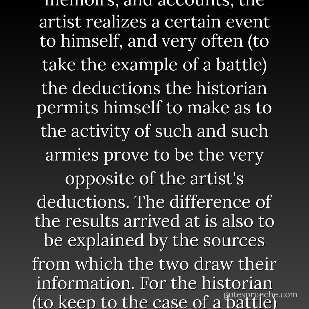 [from <i>Some words about 'War and Peace'</i>]<br /><br />For a historian considering the achievement of a certain aim, there are heroes; for the artist treating of a man's relation to all sides of life there cannot and should not be heroes, but there should be men.<br /><br />[...]<br /><br />The historian has to deal with the results of an event, the artist with the fact of the event. An historian in describing a battle says: 'The left flank of such and such an army was advanced to attack such and such a village and drove out the enemy, but was compelled to retire; then the cavalry, which was sent to attack, overthrew...' and so on. But these words have no meaning for the artist and do not actually touch on the event itself. Either from his own experience, or from the letters, memoirs, and accounts, the artist realizes a certain event to himself, and very often (to take the example of a battle) the deductions the historian permits himself to make as to the activity of such and such armies prove to be the very opposite of the artist's deductions. The difference of the results arrived at is also to be explained by the sources from which the two draw their information. For the historian (to keep to the case of a battle) the chief source is found in the reports of the commanding officers and the commander-in-chief. The artist can draw nothing from such sources; they tell him nothing and explain nothing to him. More than that: the artist turns away from them as he finds inevitable falsehood in them. To say nothing of the fact that after any battle the two sides nearly always describe it in quite contradictory ways, in every description of a battle there is a necessary lie, resulting from the need of describing in a few words the actions of thousands of men spread over several miles, and subject to most violent moral excitement under the influence of fear, shame and death. - Leo Tolstoy